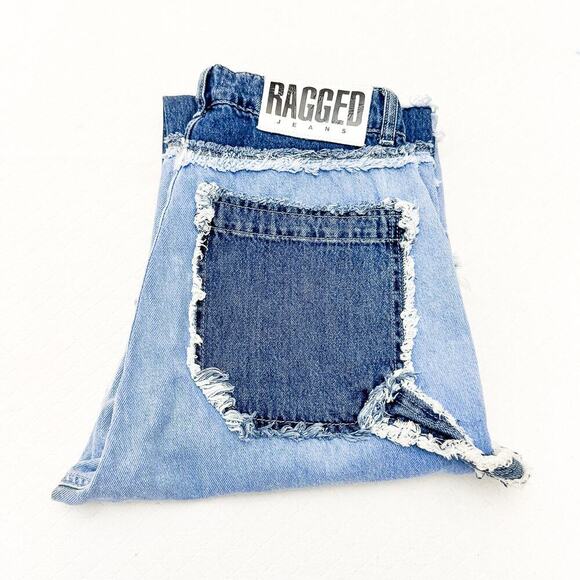 Ragged Jeans Denim Colorblock Style Wide Leg Raw Hem Size 30 - Picture 1 of 10